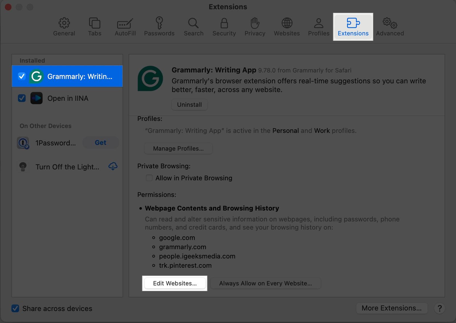 manage and customize extension on mac