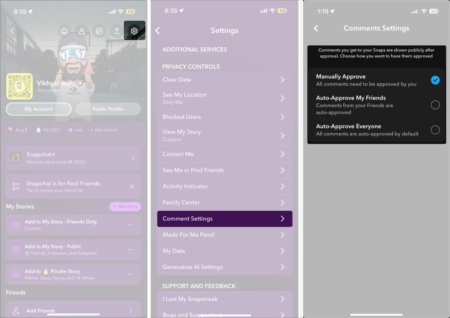 Managing the Comment Settings in Snapchat on an iPhone.