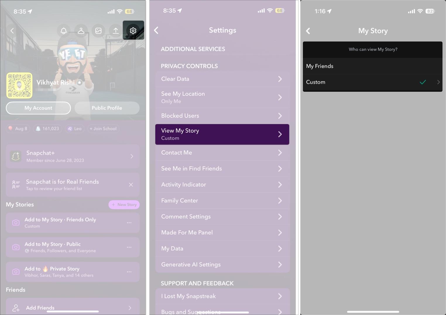 Managing the View My Story setting in Snapchat on an iPhone.
