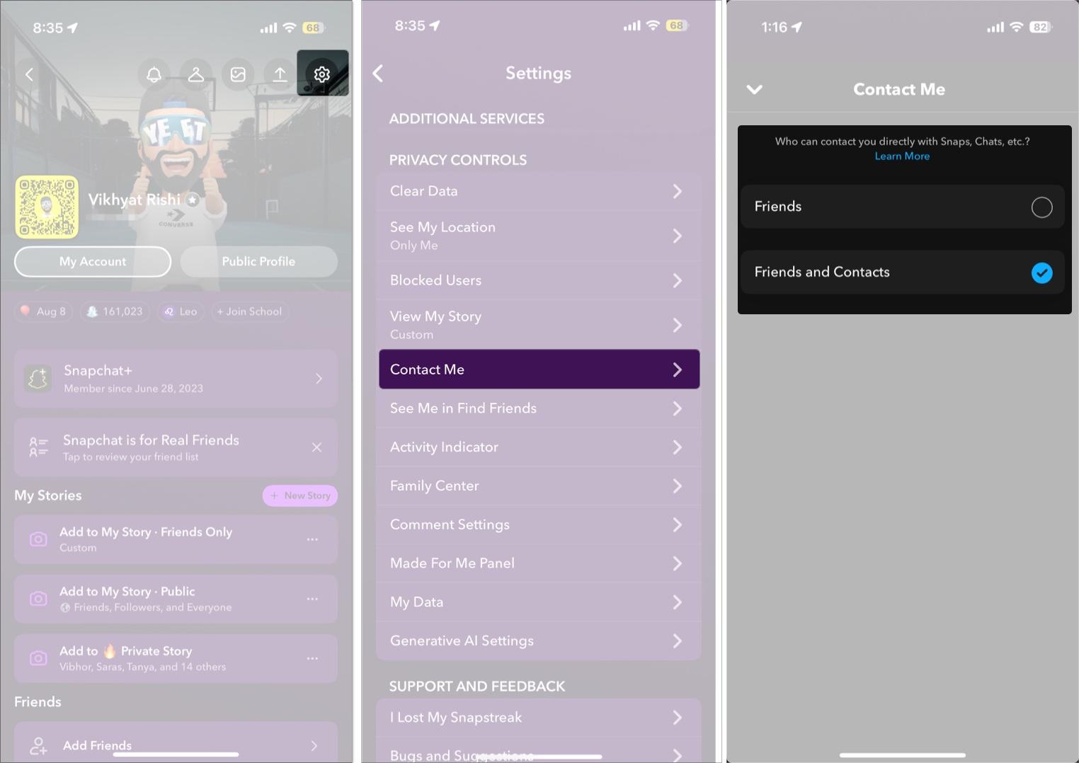 Managing the Contact Me setting in Snapchat on an iPhone.