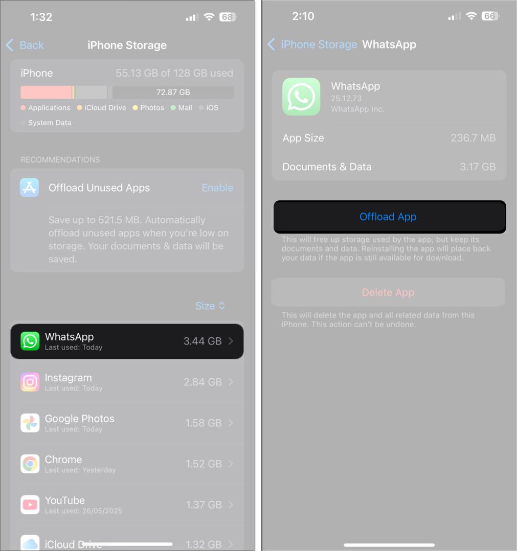 Offloading WhatsApp on an iPhone.
