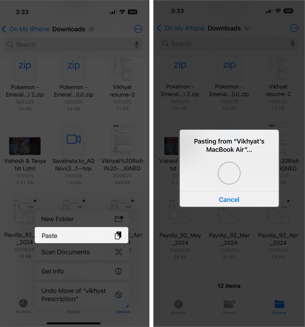 Open folder in Files App and paste in iPhone using clipboard