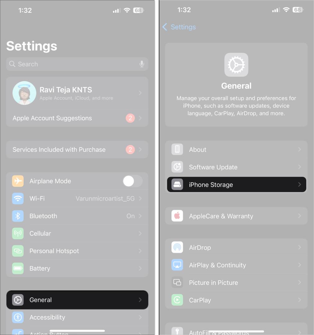 Accessing the iPhone Storage option in iOS Settings app.