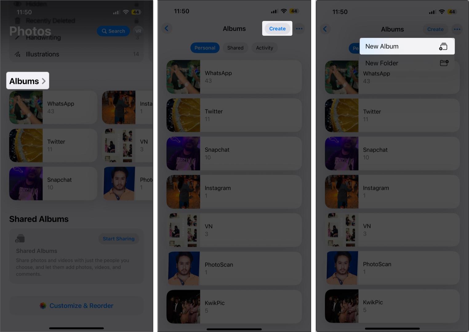 Open photos then tap albums and select the new album on iPhone Photos App