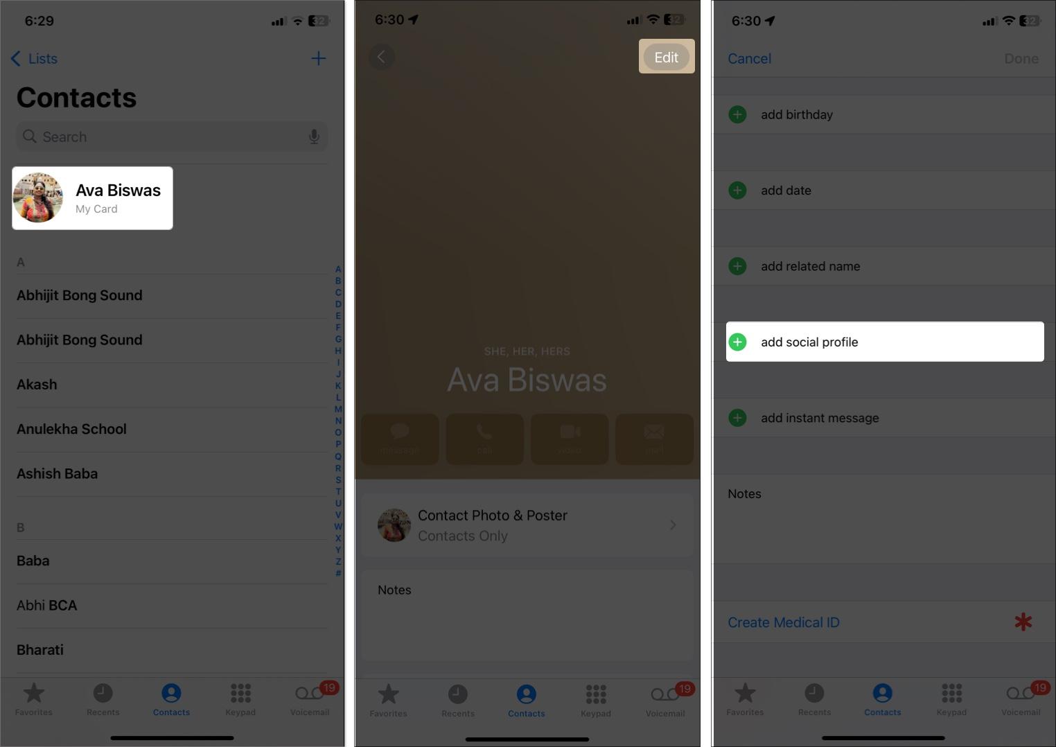 Own contact card for social profile in iPhone