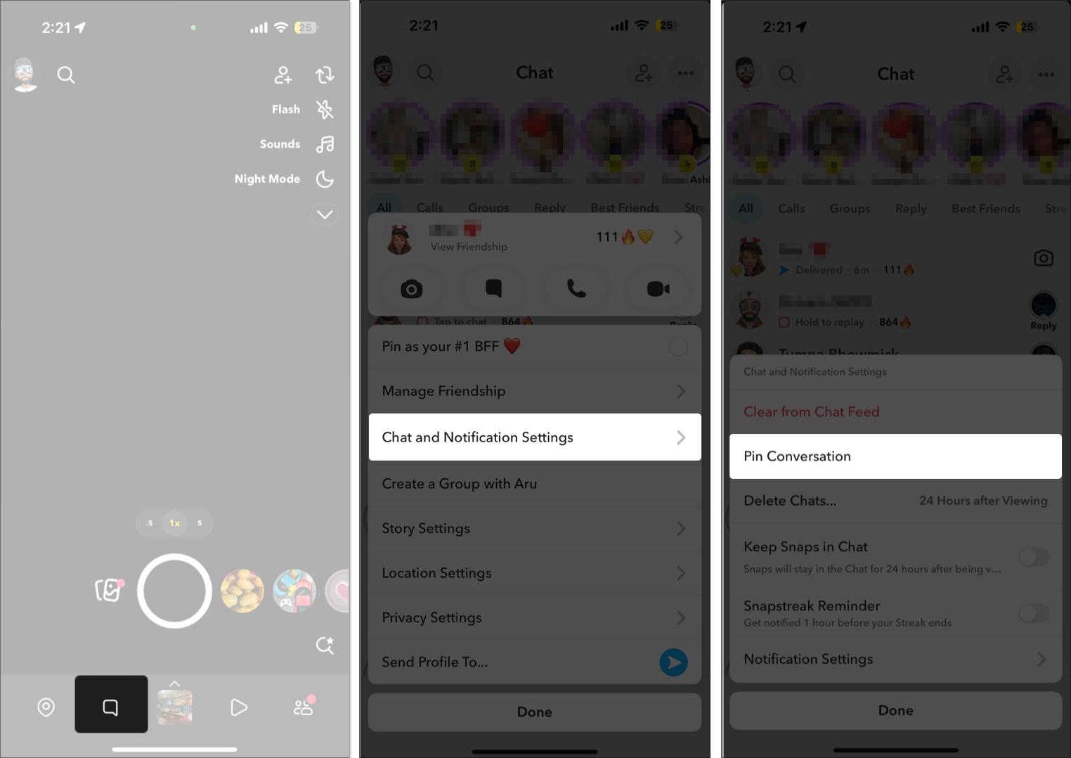 Accessing and using the Pin Conversation option to pin a chat in Snapchat on an iPhone.