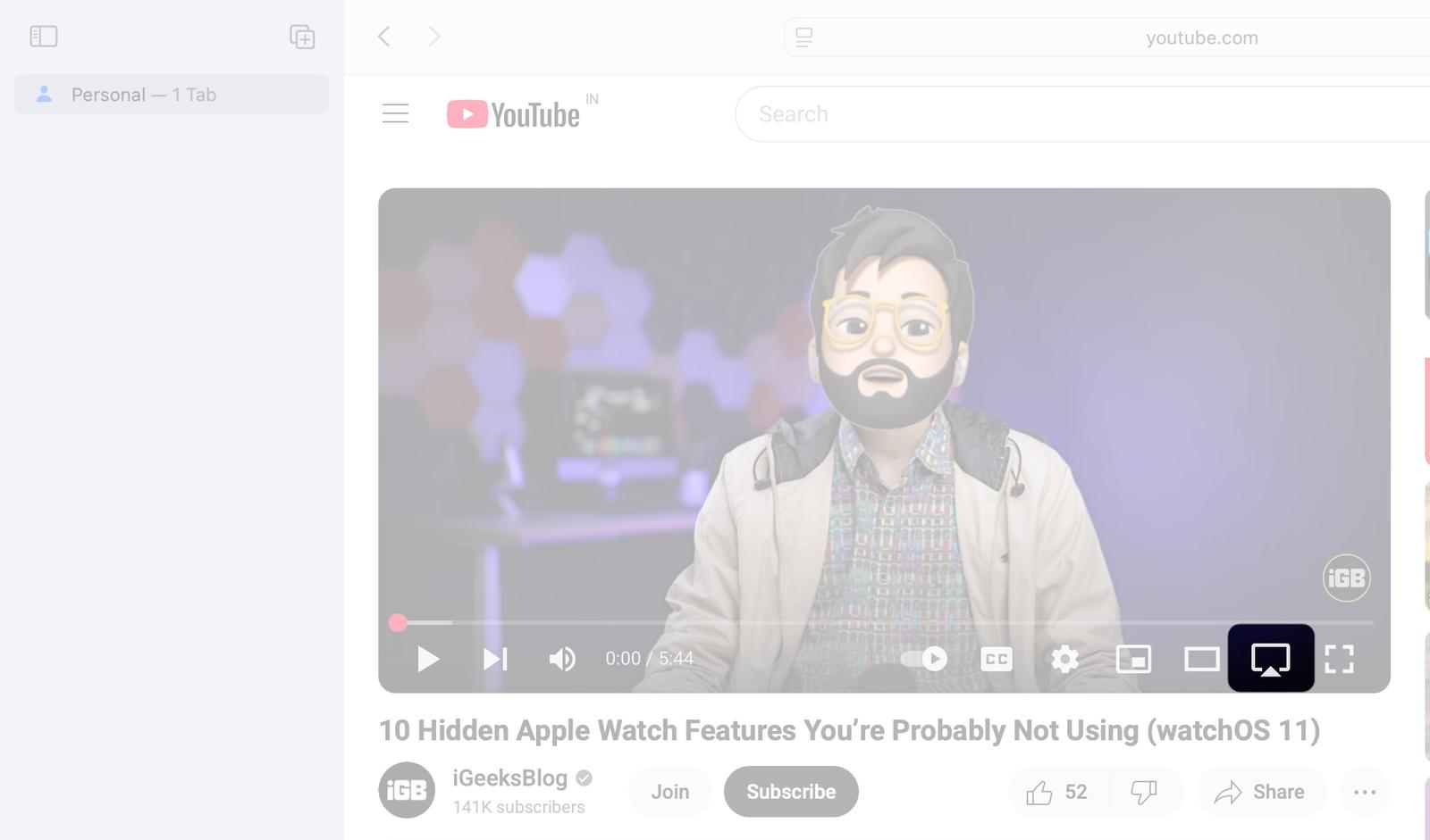 Clicking the AirPlay icon on YouTube in Safari on a Mac.