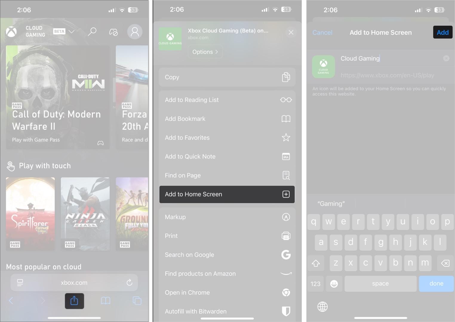 Adding a shortcut to Xbox's Cloud Gaming website to the iPhone Home Screen.