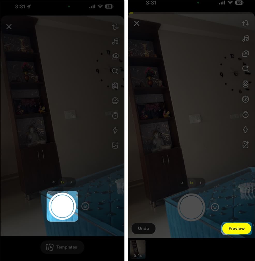 Editing a Spotlight video and previewing it in the Snapchat app.