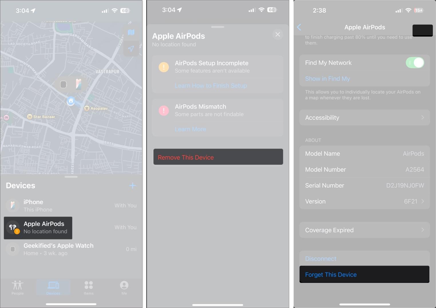 Unpairing and removing AirPods via the Find My app on an iPhone.