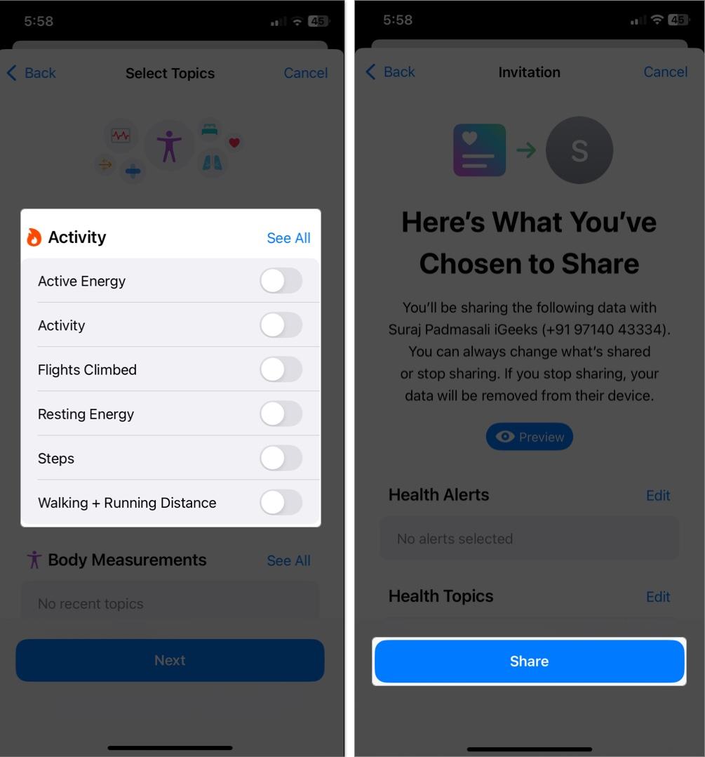 Review Health data on Health App then tap share on iPhone
