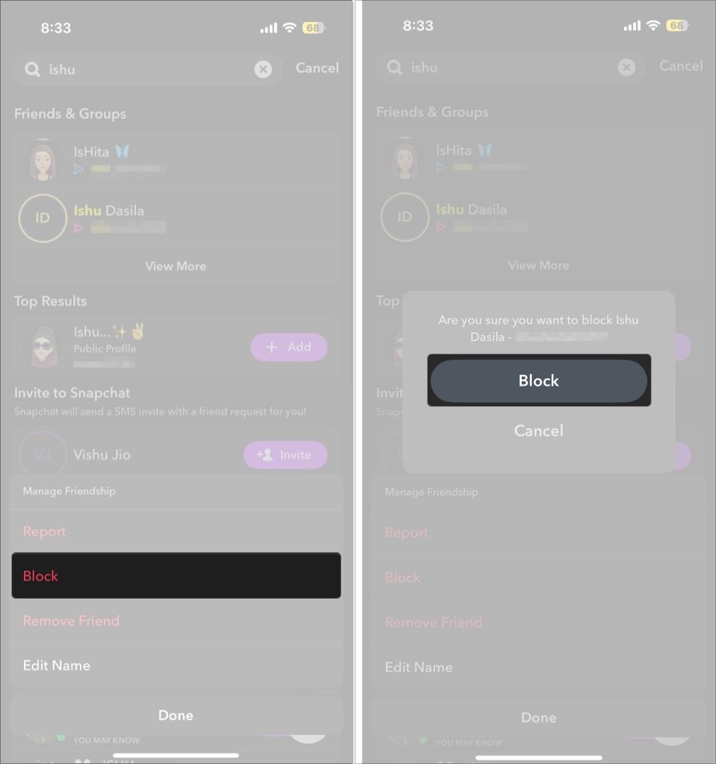 Blocking a contact on Snapchat from the chat tab.
