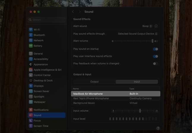 Selecting the built-in microphone as the default microphone on a Mac.