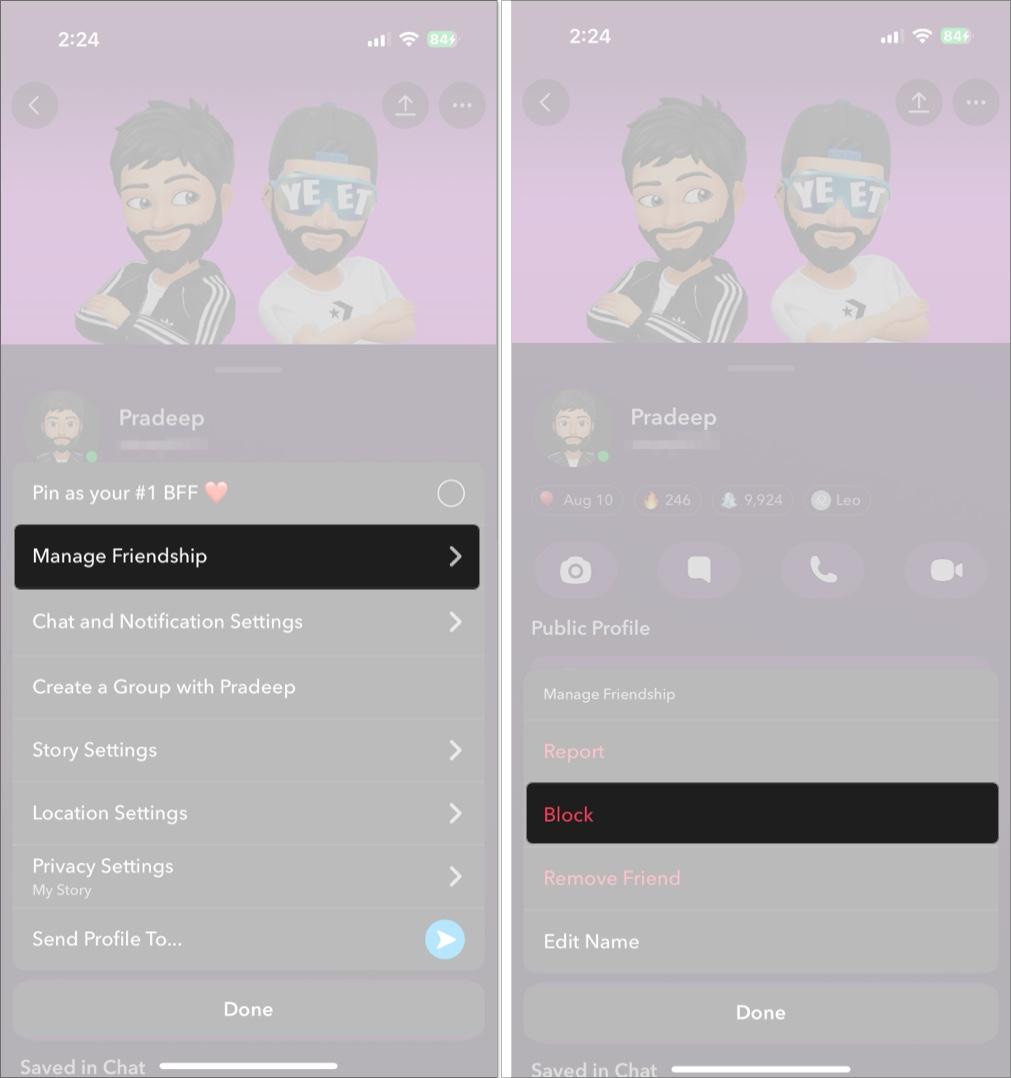 Blocking a contact on Snapchat from their profile page.