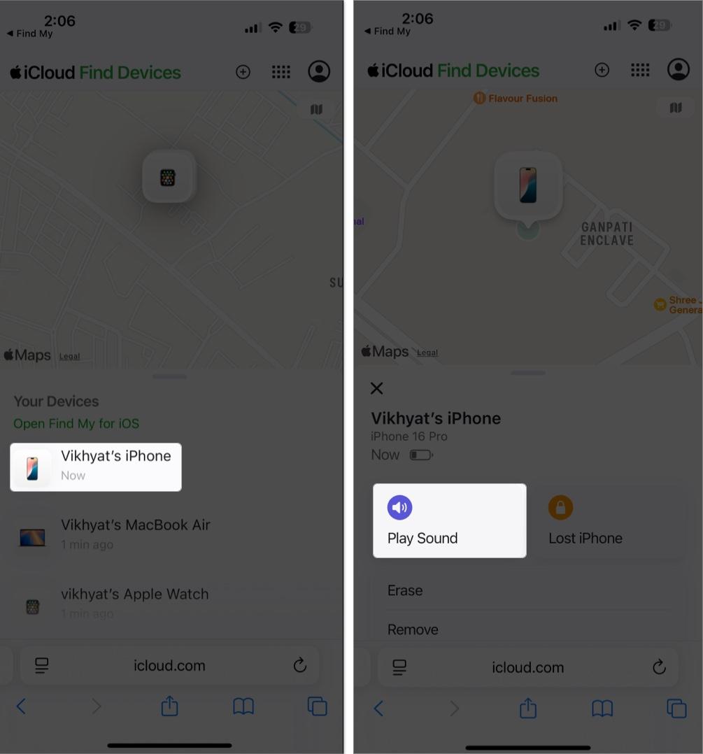 Select missing iPhone and tap Play Sound on iPhone
