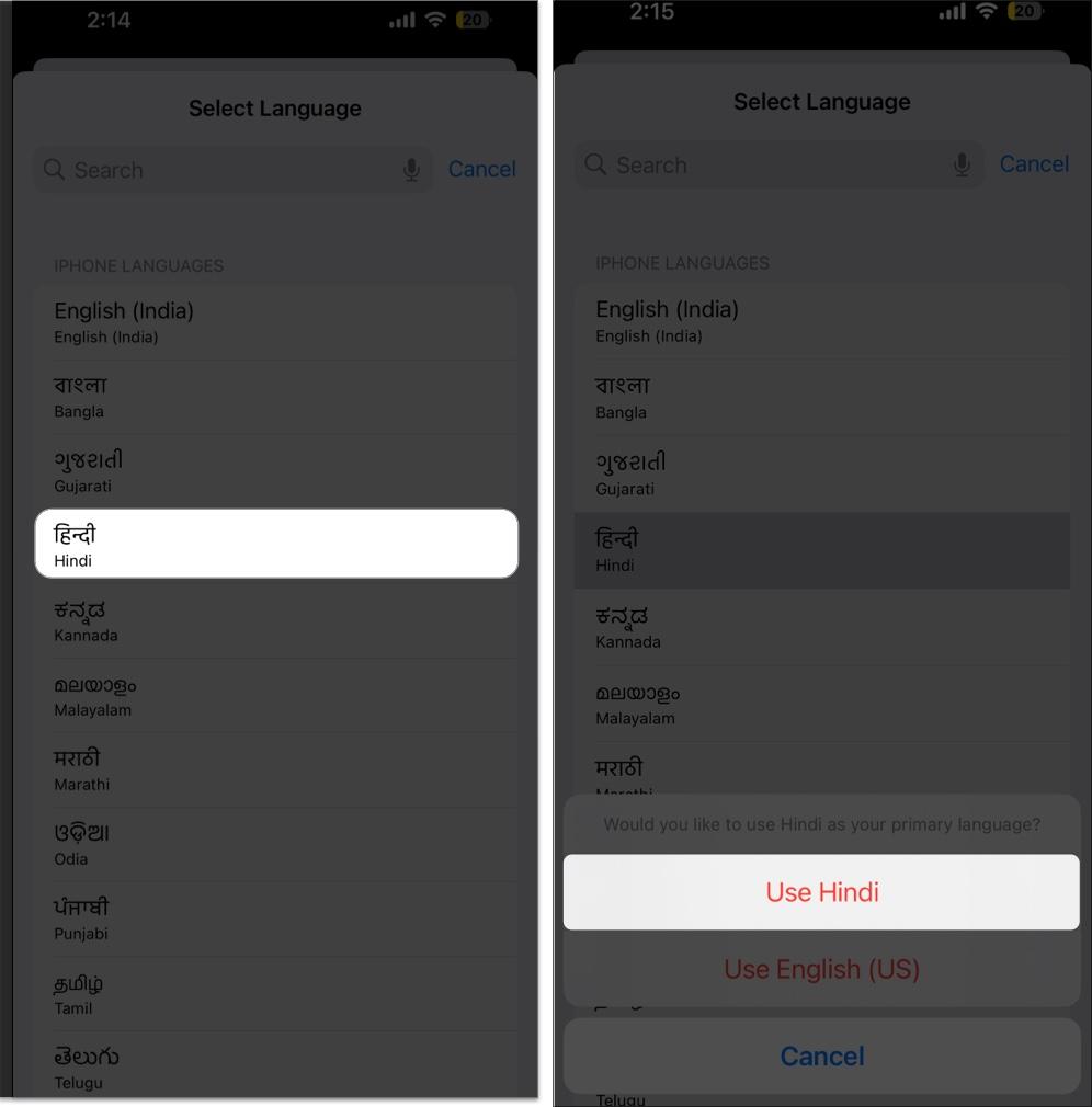 Select new language want to use in device language