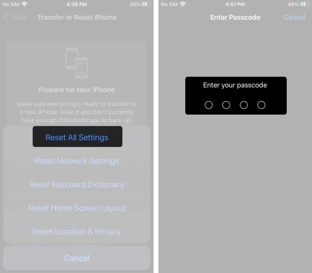Using the Reset All Settings option to reset all settings on an iPhone.