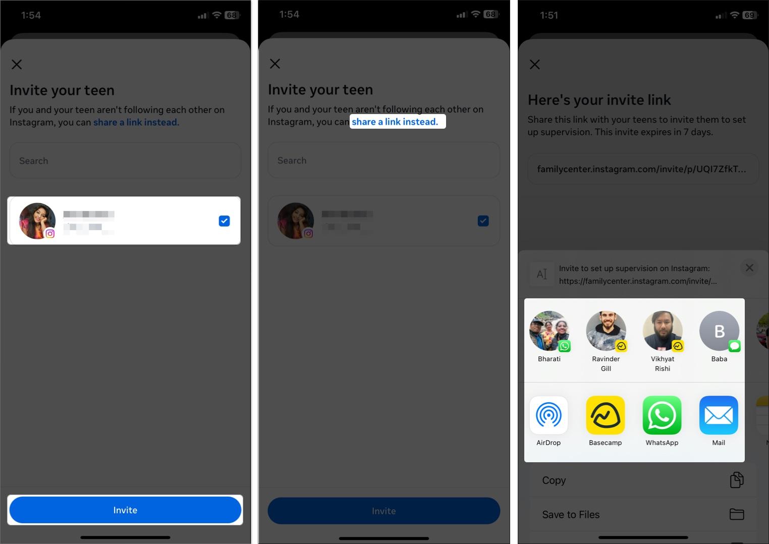 Select teen account and tap invite or share link of Instagram supervision