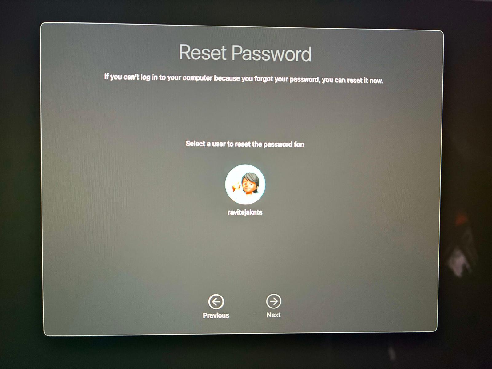 Selecting the user account you want to reset on the macOS login screen.