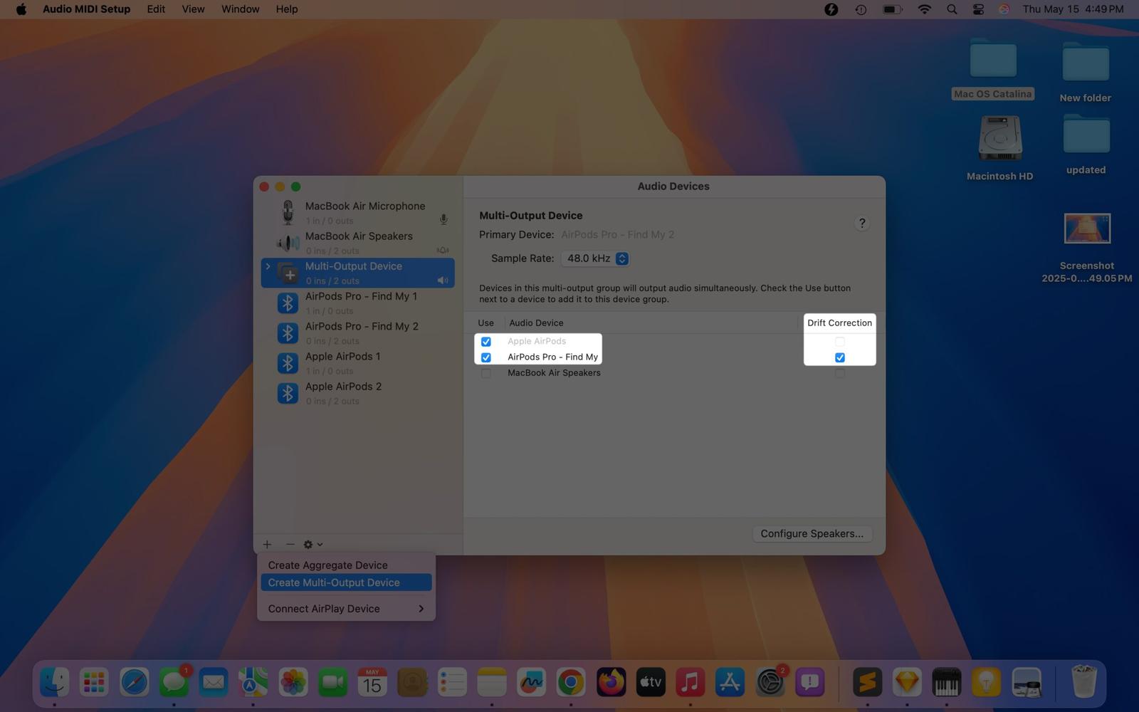 Selecting the AirPods to use in the new multi-output device and enabling the Drifting Connection option in the Audio MIDI Setup app on a Mac.