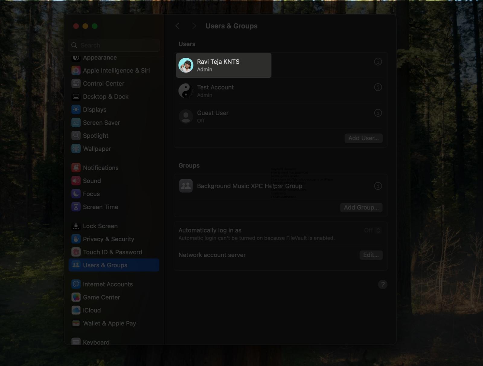 Selecting the user account you want to reset the password for in System Settings.