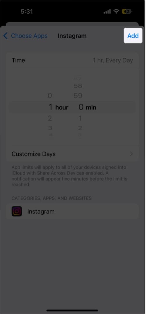 Tap done to save app limit in screen time on iPhone