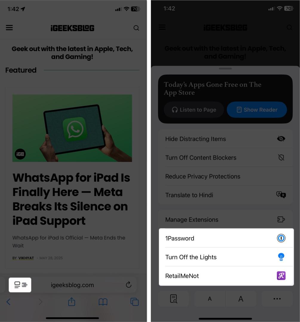 Tap menu icon in address bar then manage Extensions on iPhone