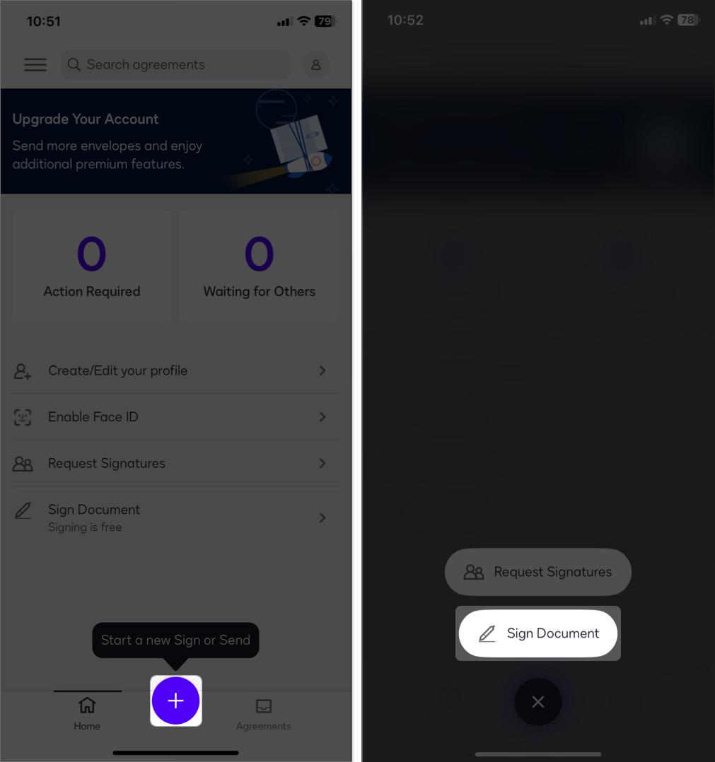 Tap on plus icon and select sign document to upload pdf or image in the App