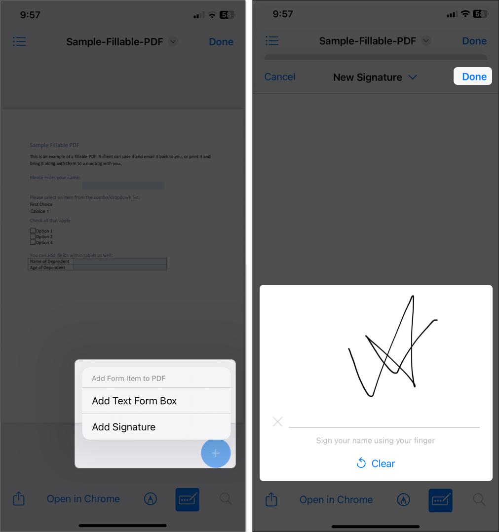 Tap on plus sign to add signature
