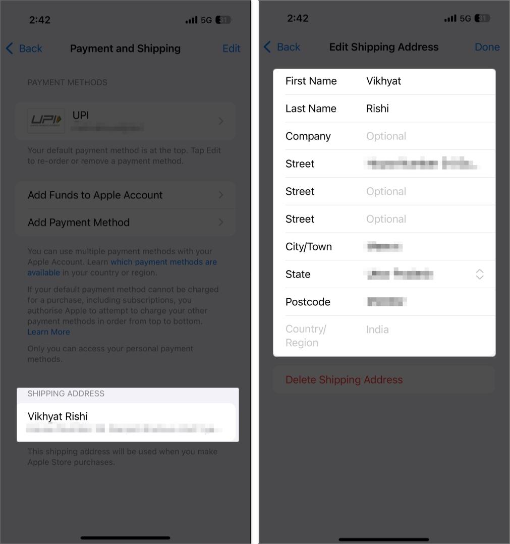 Accessing and verifying the shipping address on the Payment & Shipping in iOS Settings app.