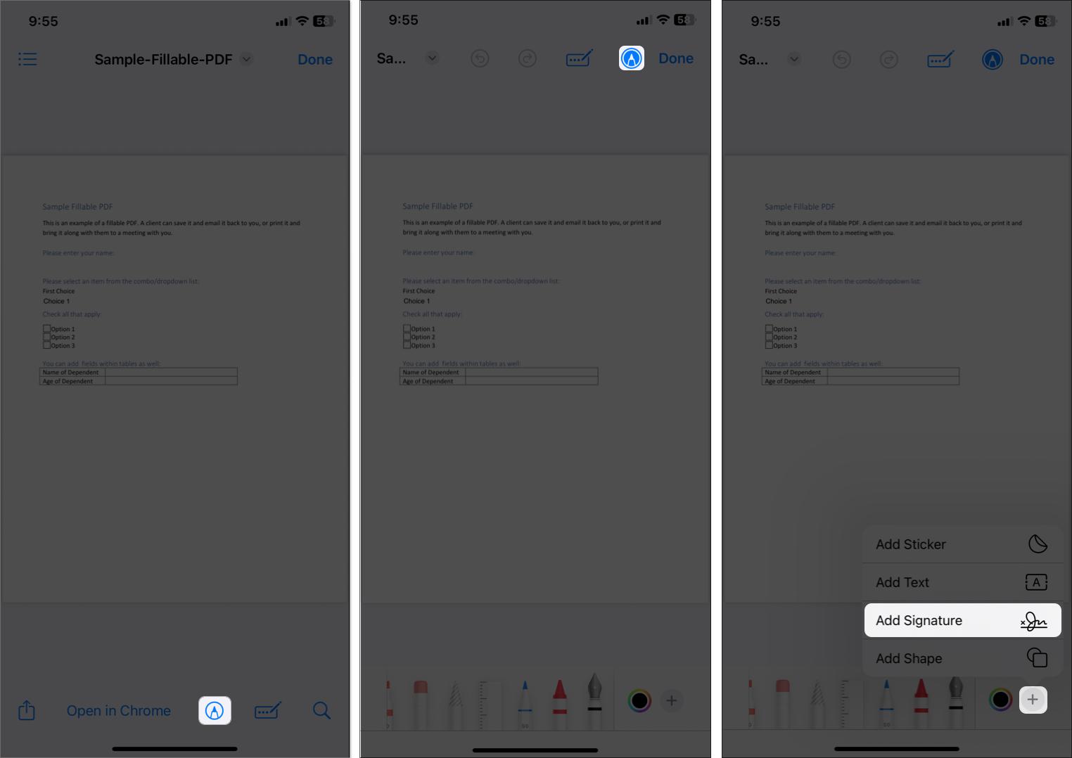 Tap on the plus sign to add signature using markup tool on the iPhone