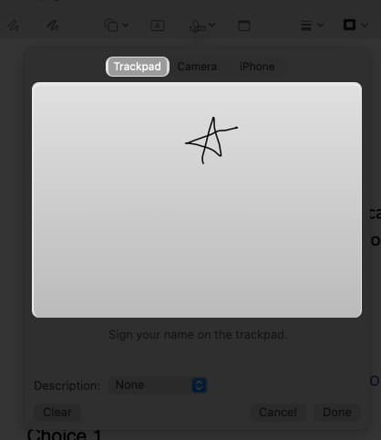 Tap on trackpad tab and select click here to begin to create signature