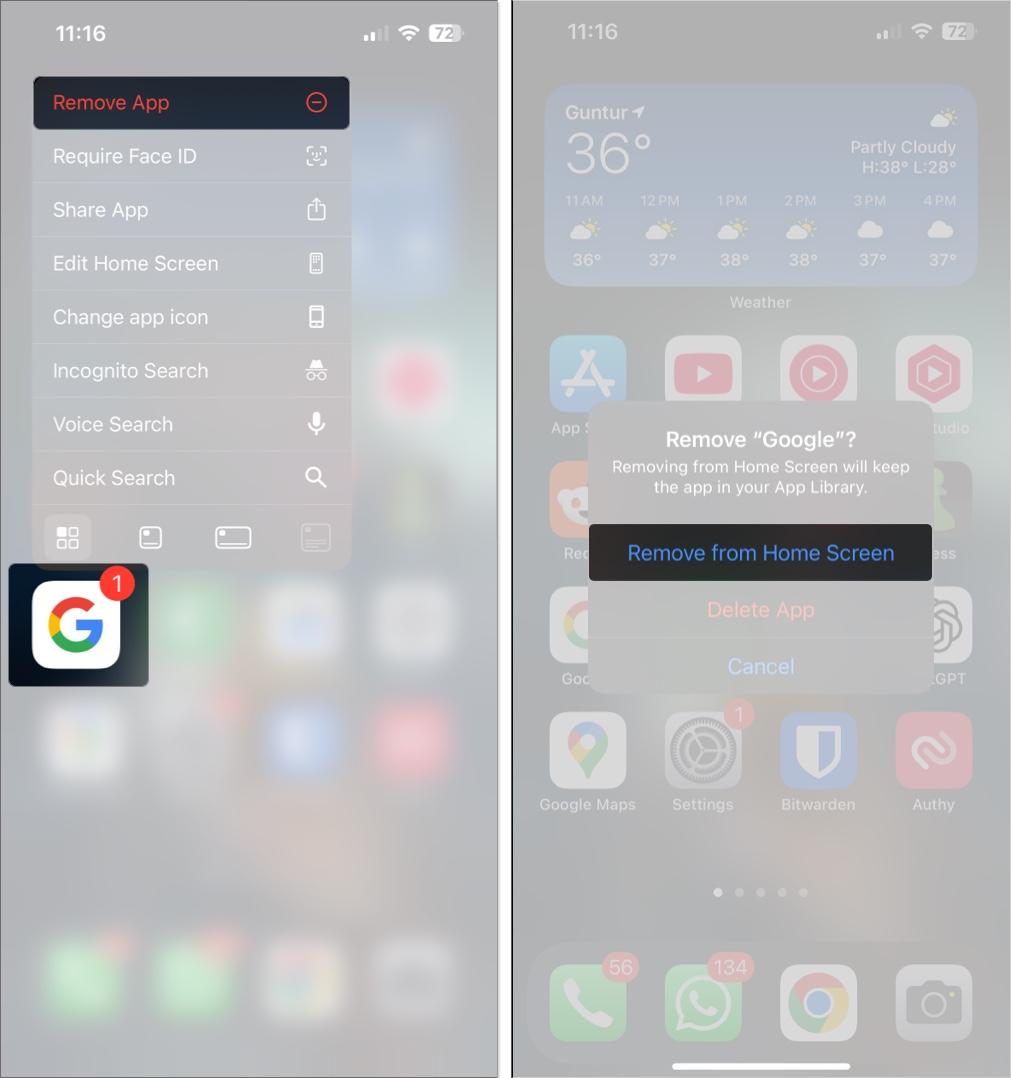Removing an app from an iPhone's Home Screen.