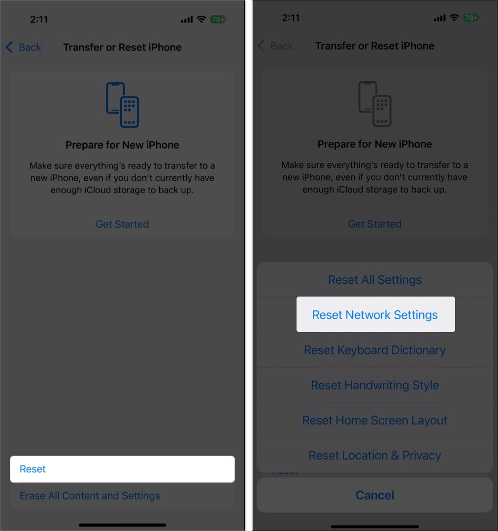 Using the Reset Network Settings option to reset an iPhone.