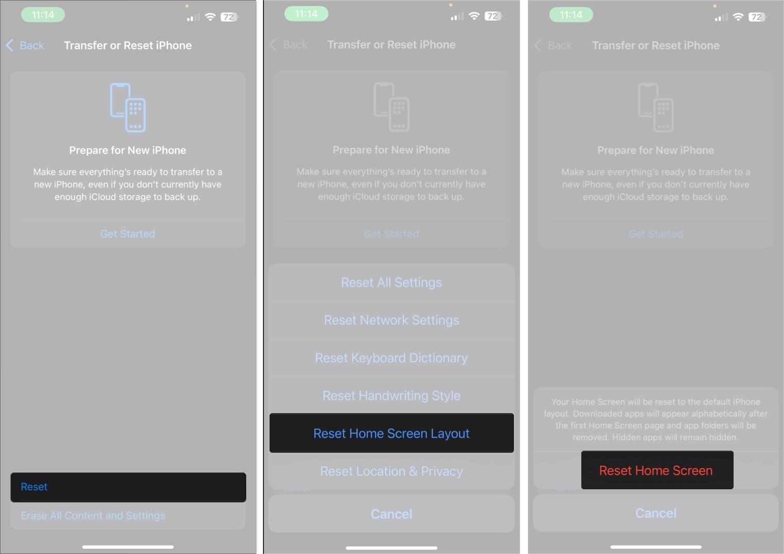 Using the Reset Home Screen Layout option to reset an iPhone's Home Screen.