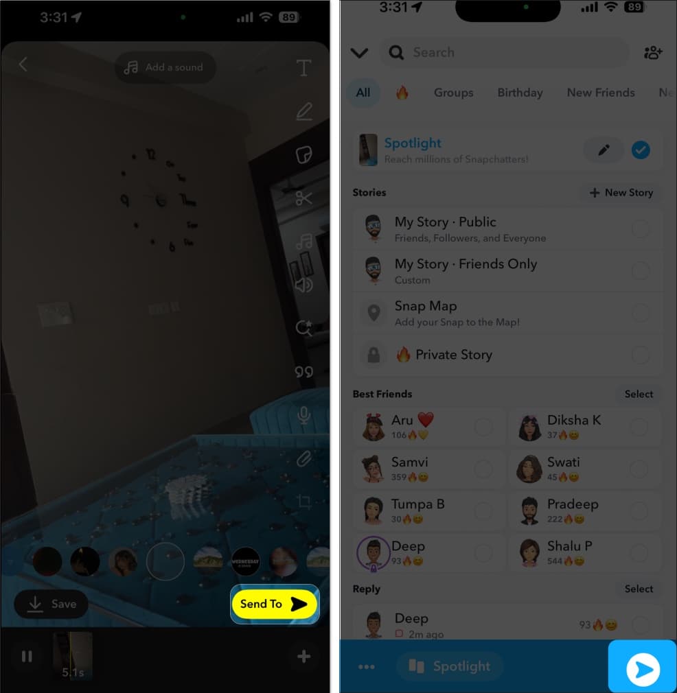Sending a Spotlight video in Snapchat on an iPhone.