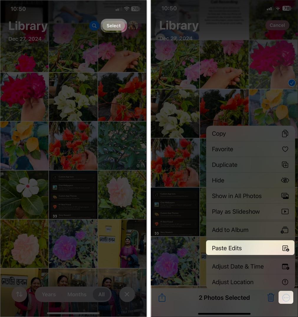 Tap three dot icon and select paste edits