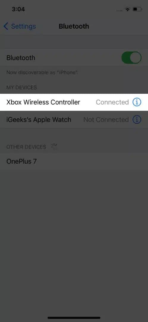 Selecting the Xbox controller in Bluetooth settings to pair with an iPhone.