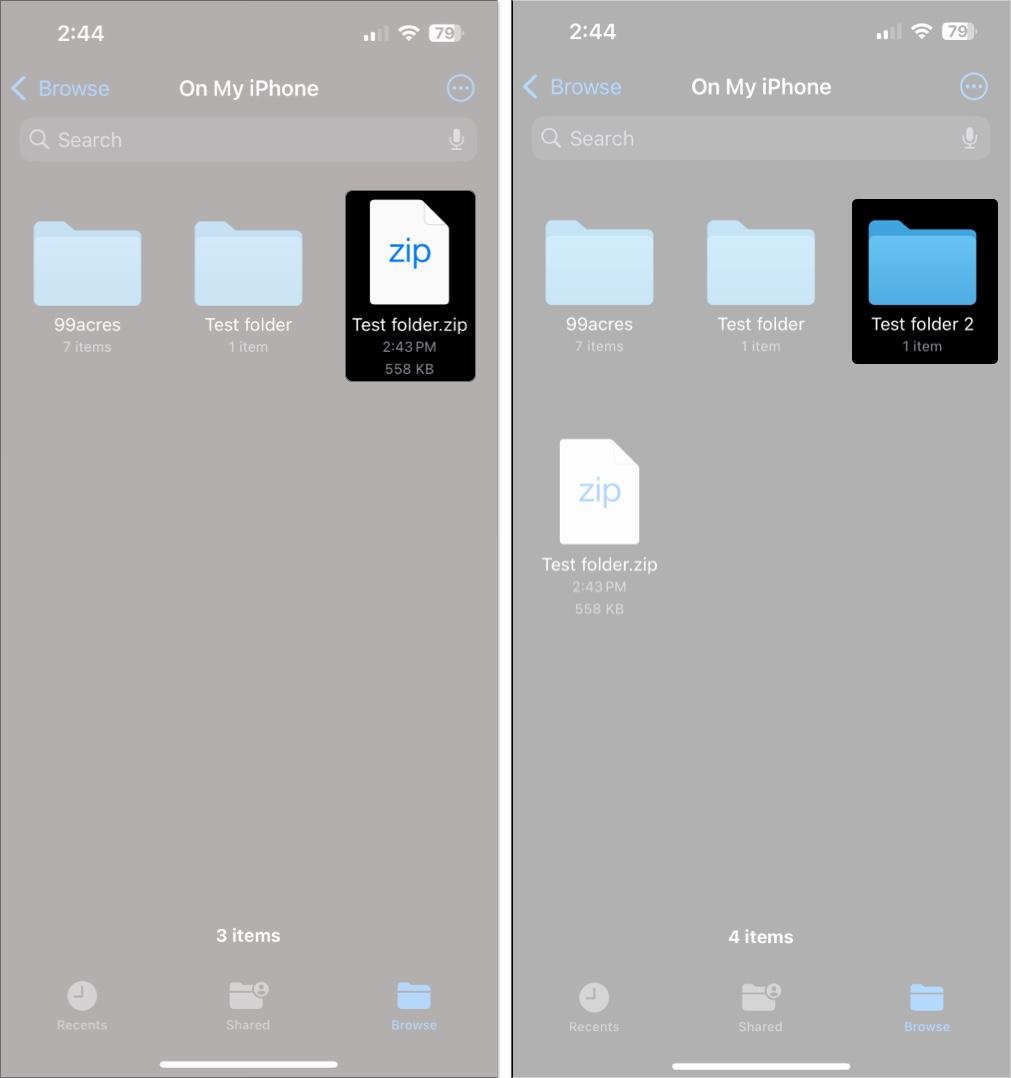 Unzipping a ZIP file in the Files app on an iPhone.