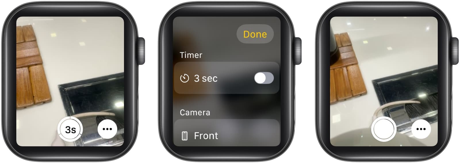 Toggling off the 3 sec countdown option in the Camera Remote app on an Apple Watch.