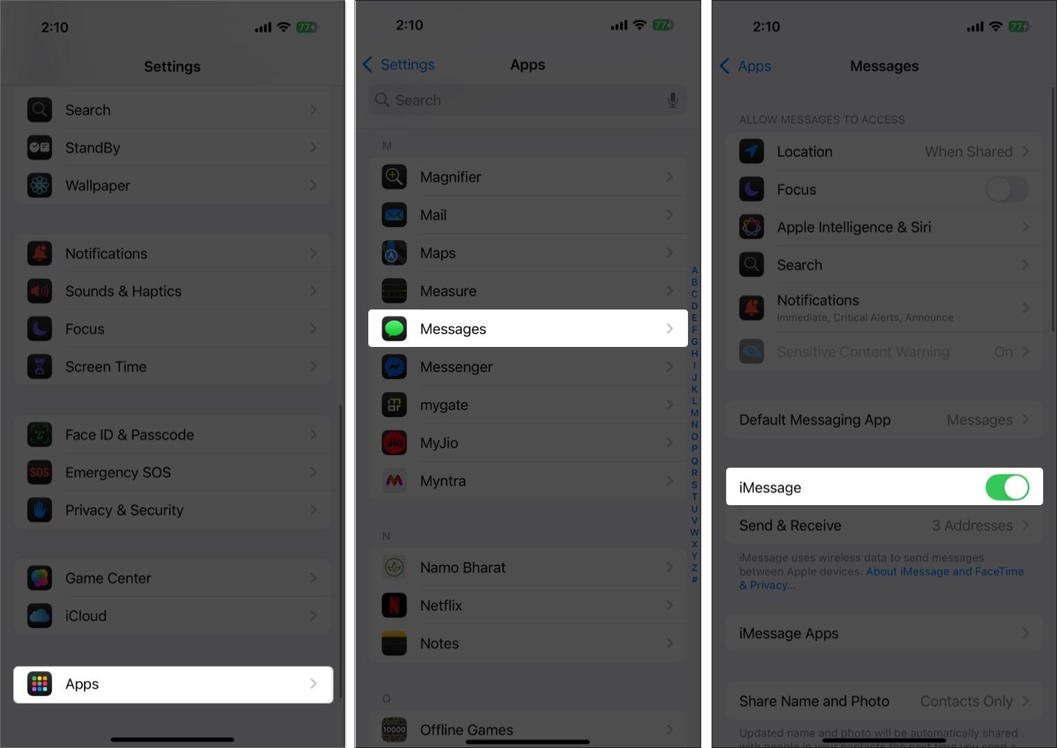 Toggling off and on iMessage on an iPhone.