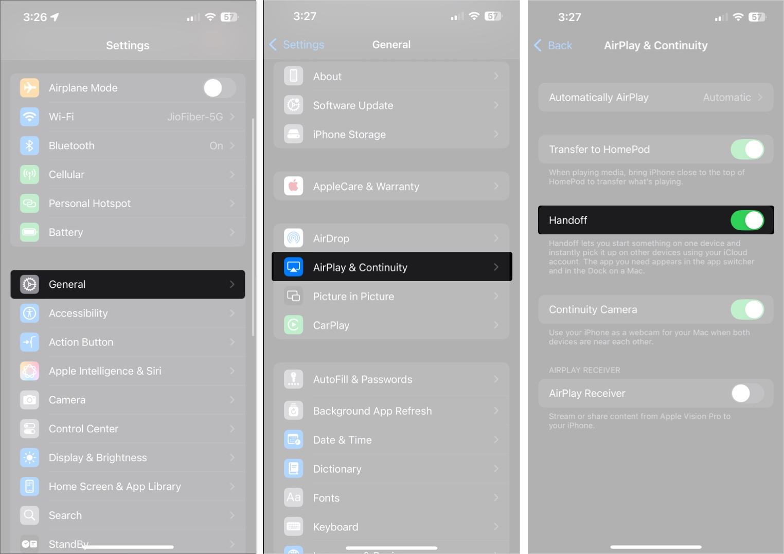 Enabling the Handoff feature in iOS Settings app.