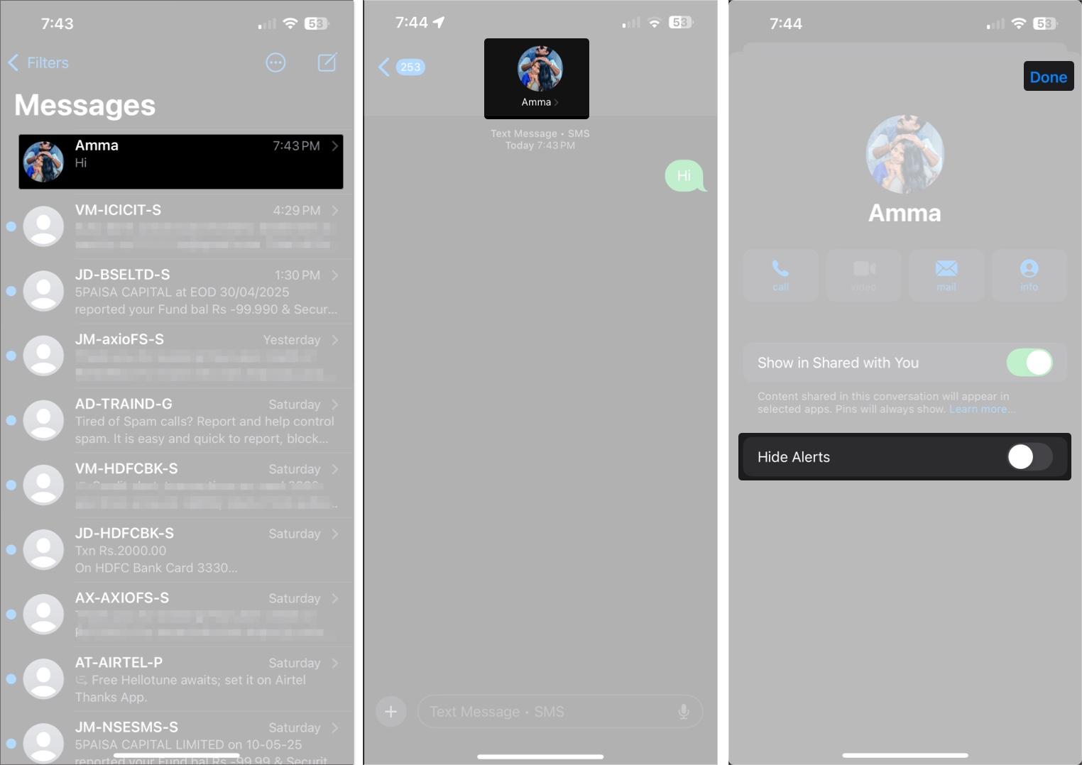 Toggle on hide alerts and tap done on iMessage in iPhone