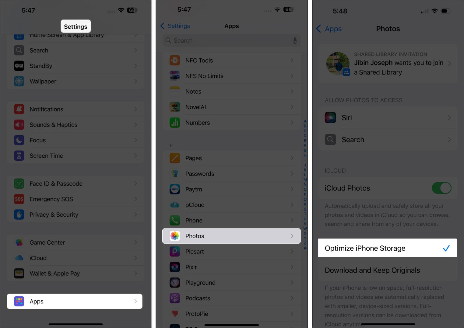 Toggle on optimise iPhone storage from settings on iPhone