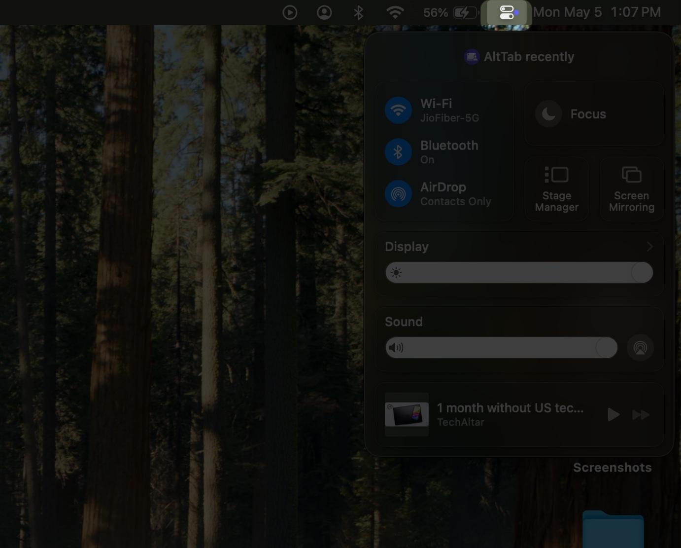 Turning on Dark Mode on a Mac from the Control Center.