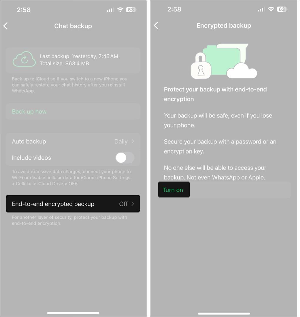 Turn on end to end encrypted backup on WhatsApp in iPhone