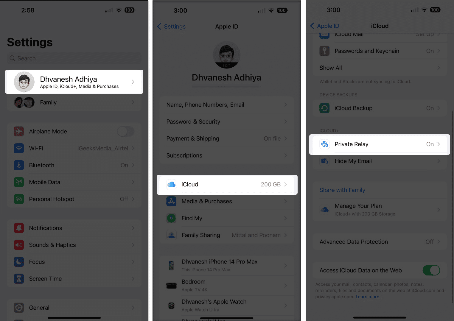Turning on iCloud Private Relay on an iPhone from the Settings app.