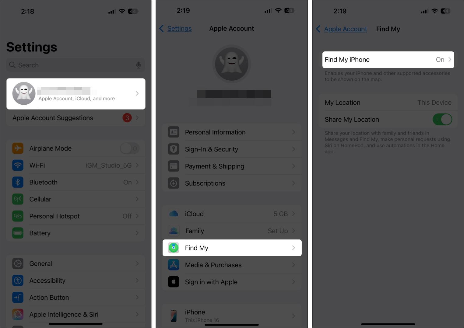Turning on find my iPhone from the iPhone settings