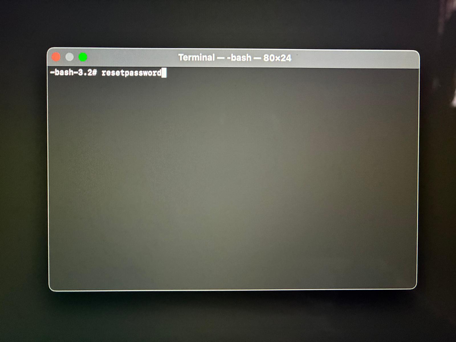 Typing the resetpassword command in a Terminal window.