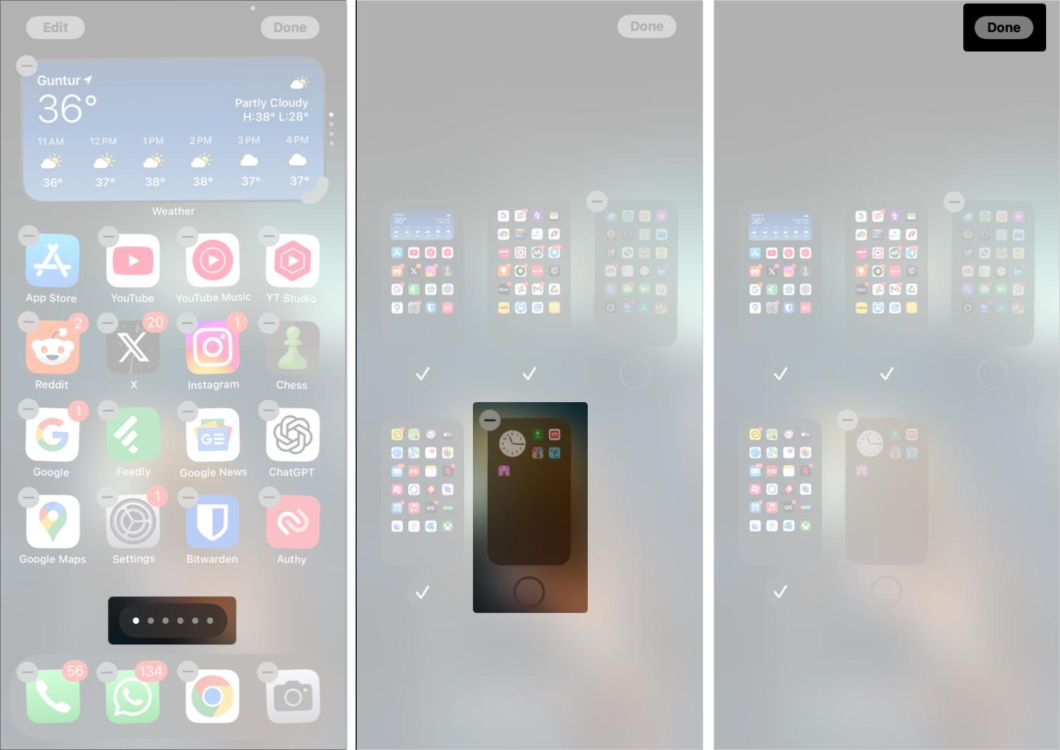 Unchecking pages on an iPhone to hide them.